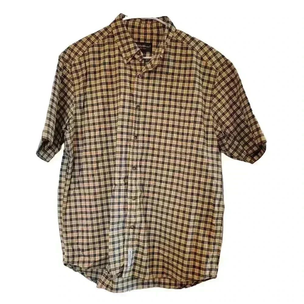 𝅺Eddie Bauer Men's Yellow/Blue Mini Plaid Short Sleeve